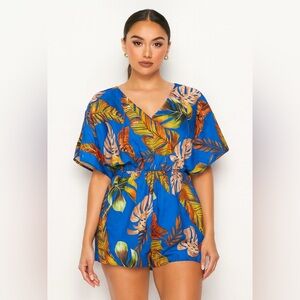 SHEIN Curve Blue Tropical Leaf Print Bohemian Flowy Jumpsuit Romper Size 2XL